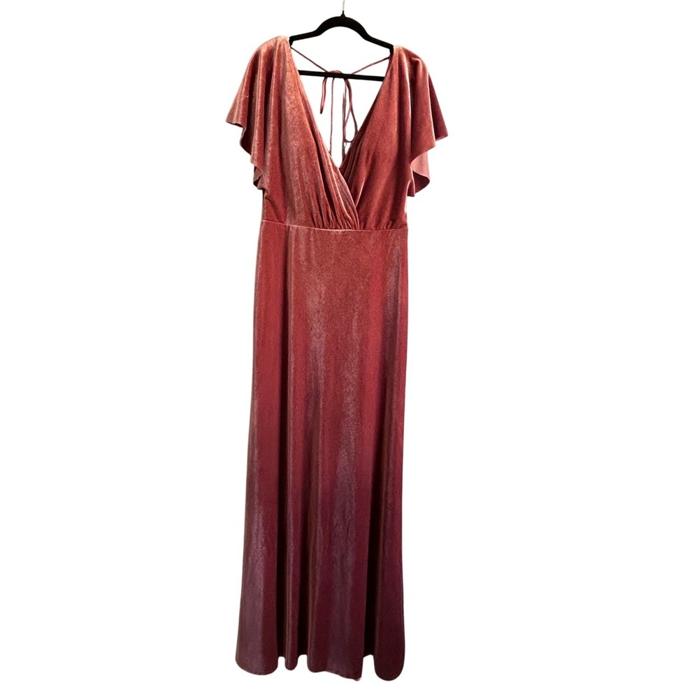 Jenny Yoo Collection Velvet V-Neck Flutter Sleeve Maxi Dress Rosewood Pink 10